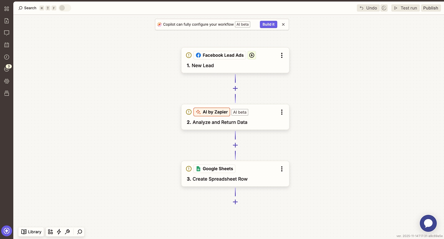 Zapier Zap editor with a three-step automation